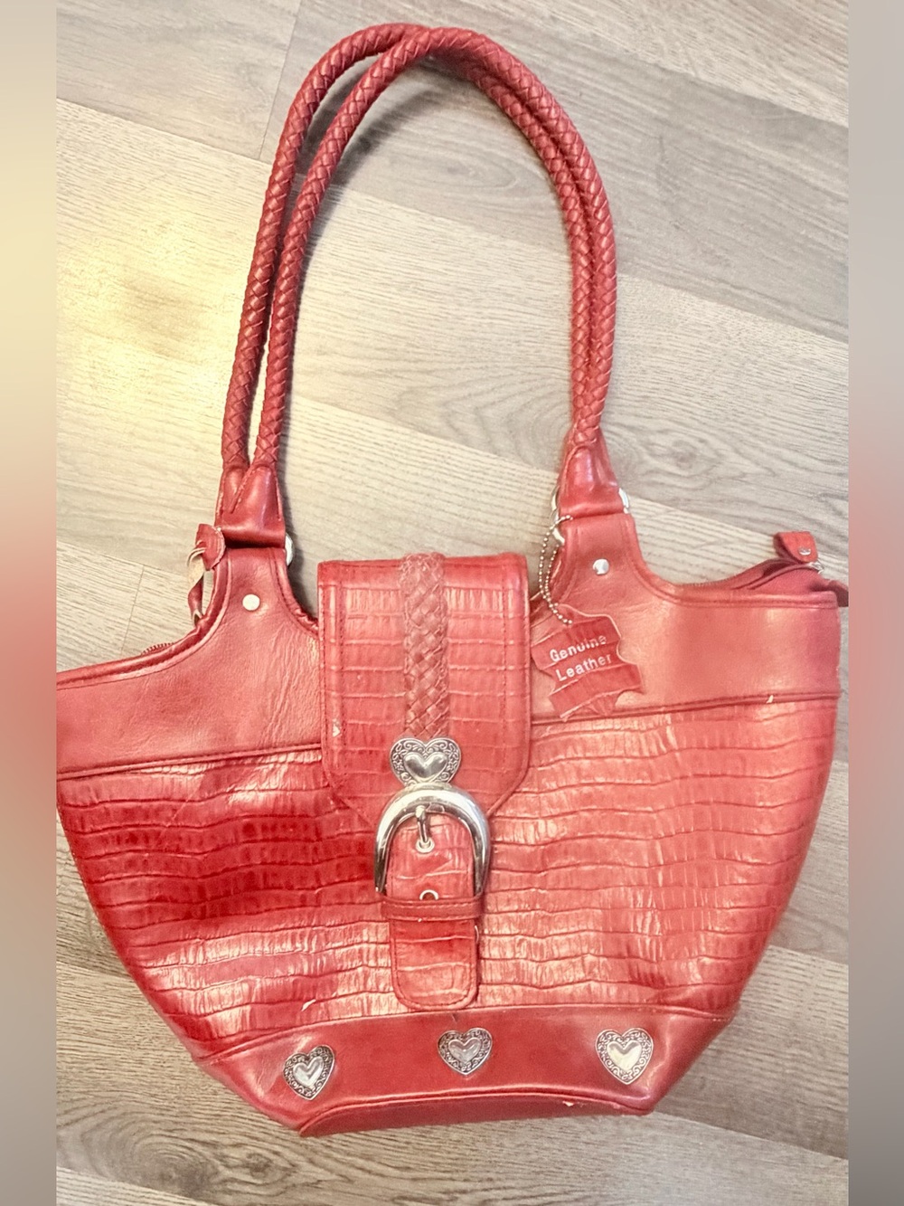 Genuine Leather Red Croc-Embossed Tote Bag with Heart Accents